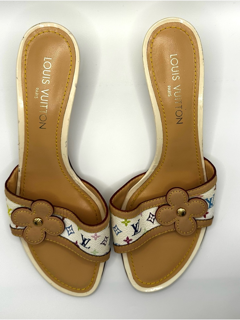 Louis Vuitton Multicolor Monogram Floral Appliqué Slide Sandals - Tan Footbed